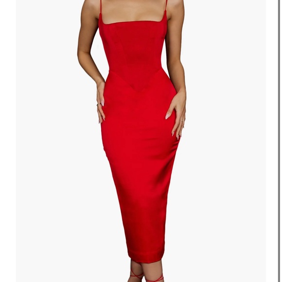 House of CB Red Anais Satin Midi Dress - Picture 2 of 4